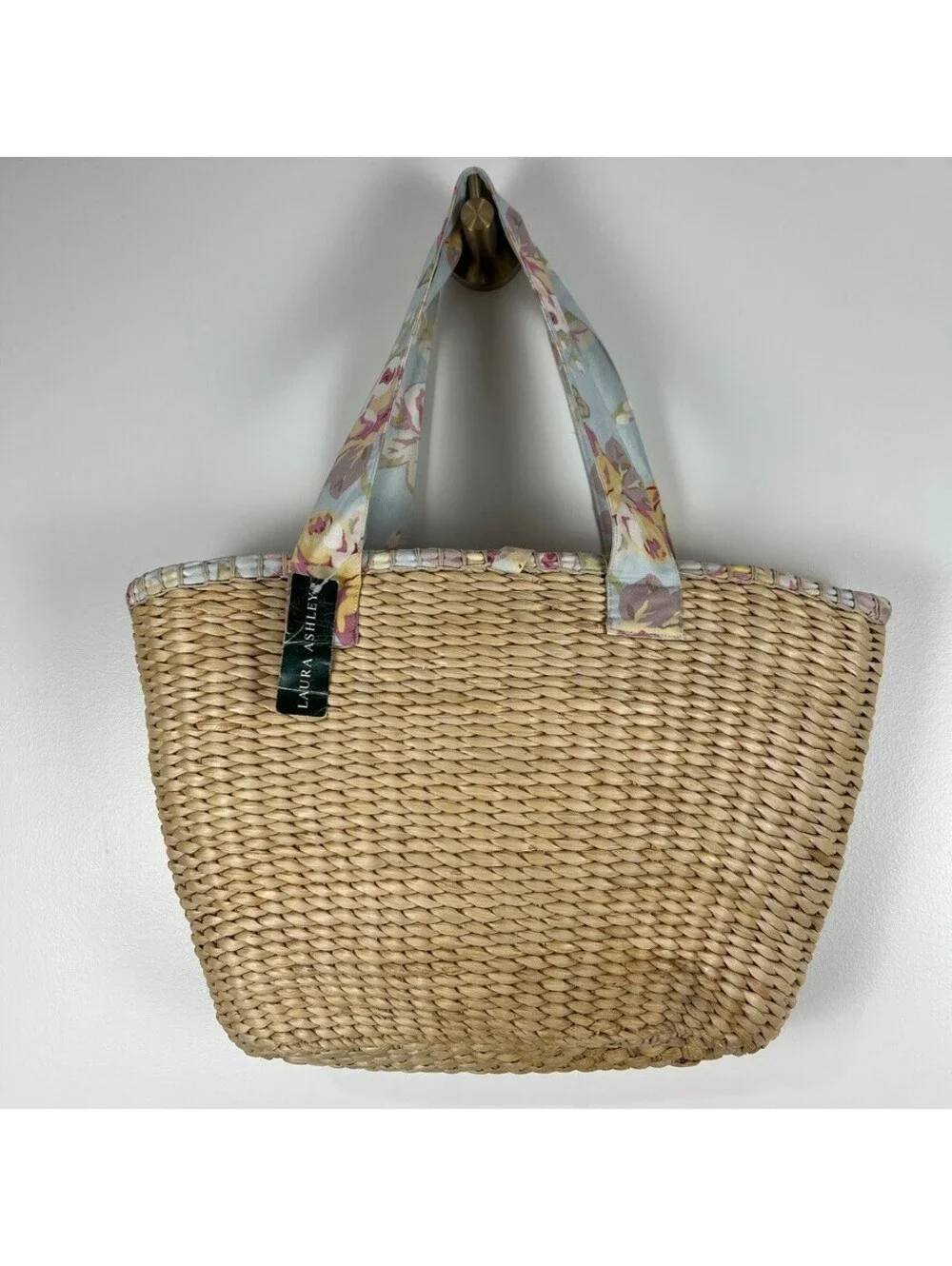 Laura Ashley Floral Lined Straw Tote Beach Bag Large Woven Shopper NWT